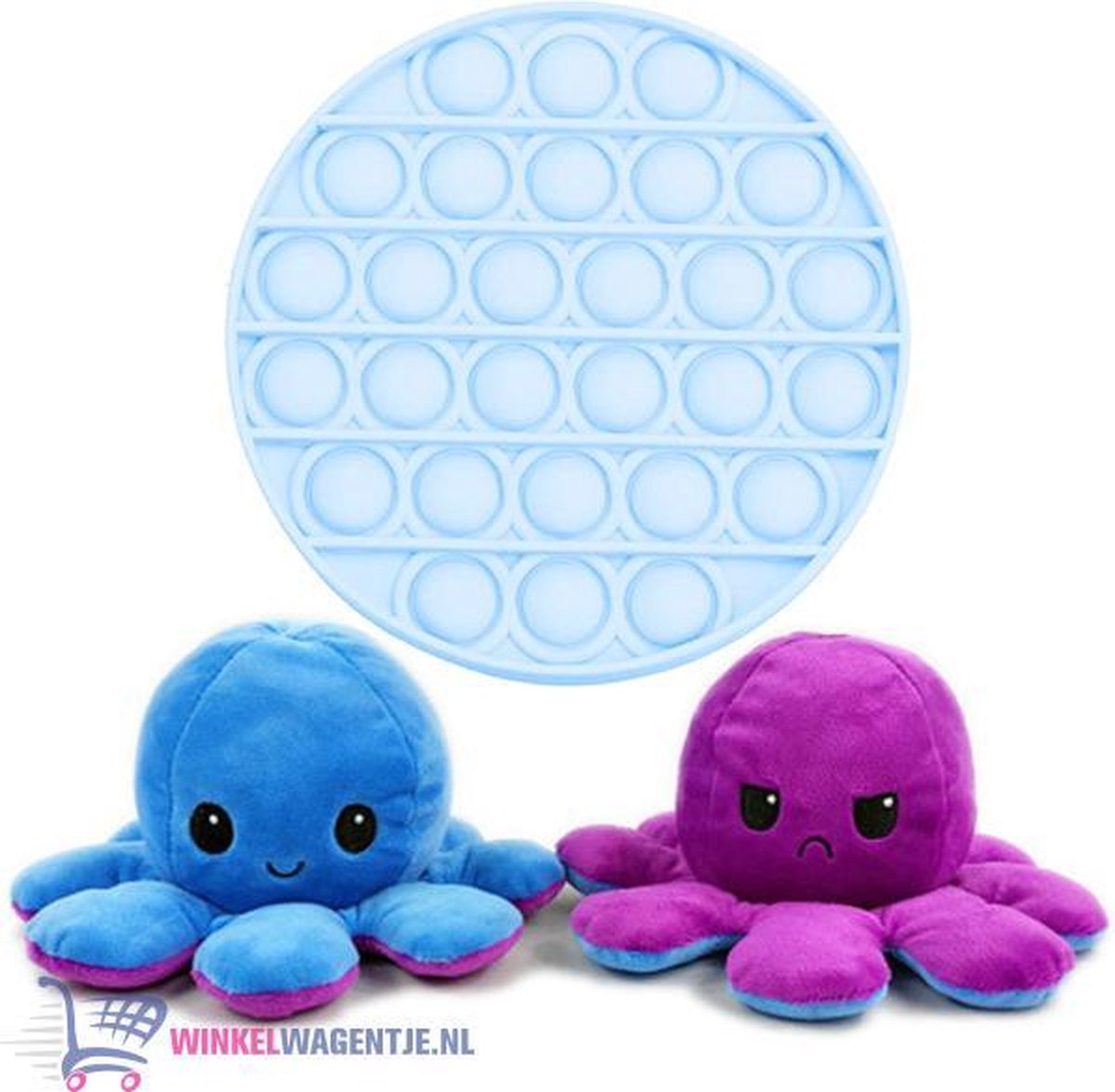 Pop It Fidget Toy Rond (Lichtblauw) Glow in the dark+ Octopus Mood Knuffel (Paars/Blauw) | pop it fidget toy goedkoop, fidget toy, fidget toys pakket, fidget toys pop it, fidget toys stressbal, speelgoed voor kinderen, TikTok